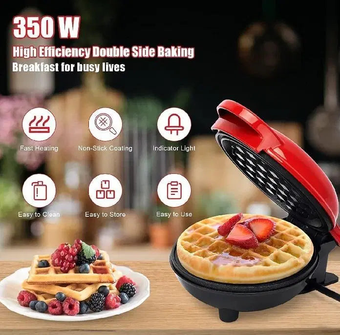 Compact Red Electric Waffle Maker - 350W | Quick & Easy Waffles at Home