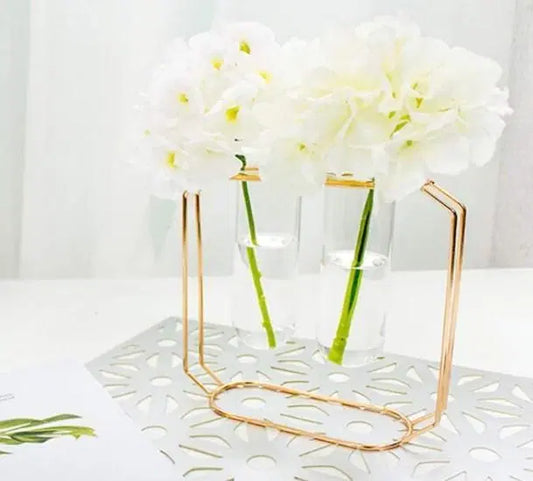 Golden Metal Frame Vase - Home Decor Plant Holder with Glass Tube