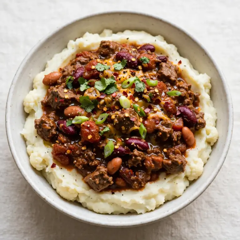 Budget Batch Cook: Beef Chili Bowl Over Mashed Cauliflower
