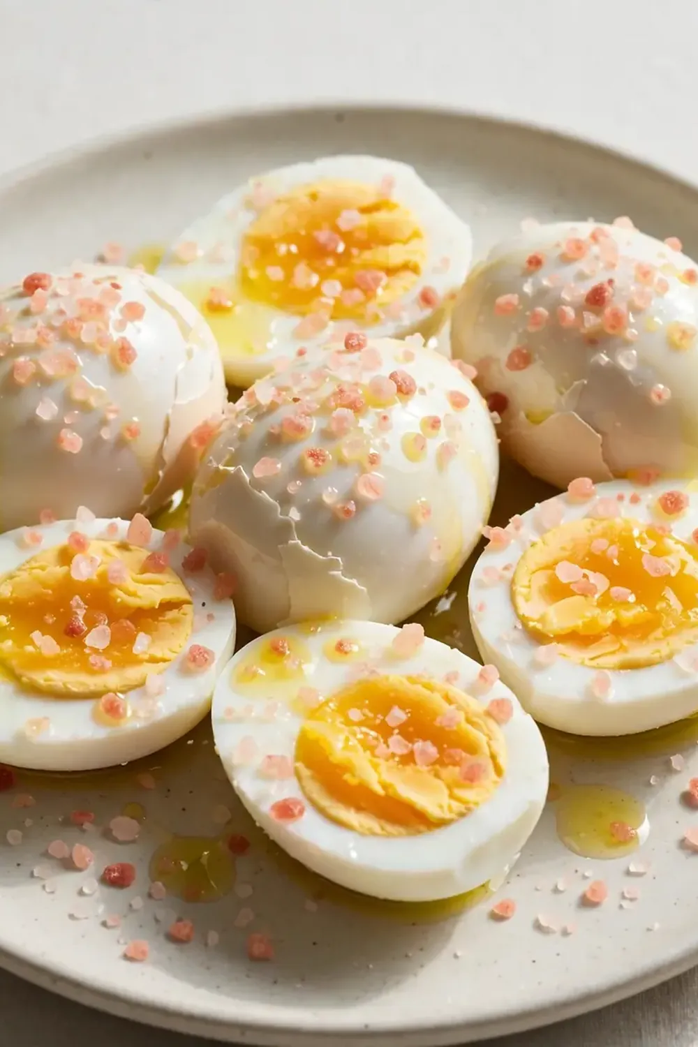 Boiled Eggs Sprinkled with Pink Himalayan Salt and Olive Oil