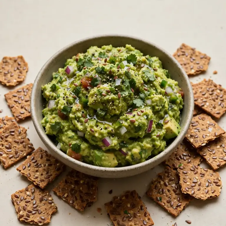 Budget Batch Guacamole with Flaxseed Crackers
