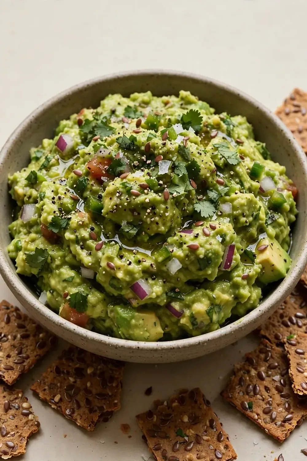 Guacamole with Fried Pork Rind-Free Flaxseed Crackers