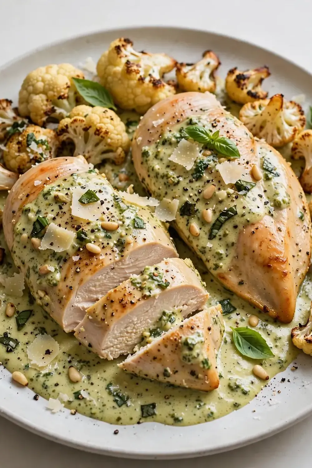 Creamy Pesto Chicken Breasts with Roasted Cauliflower