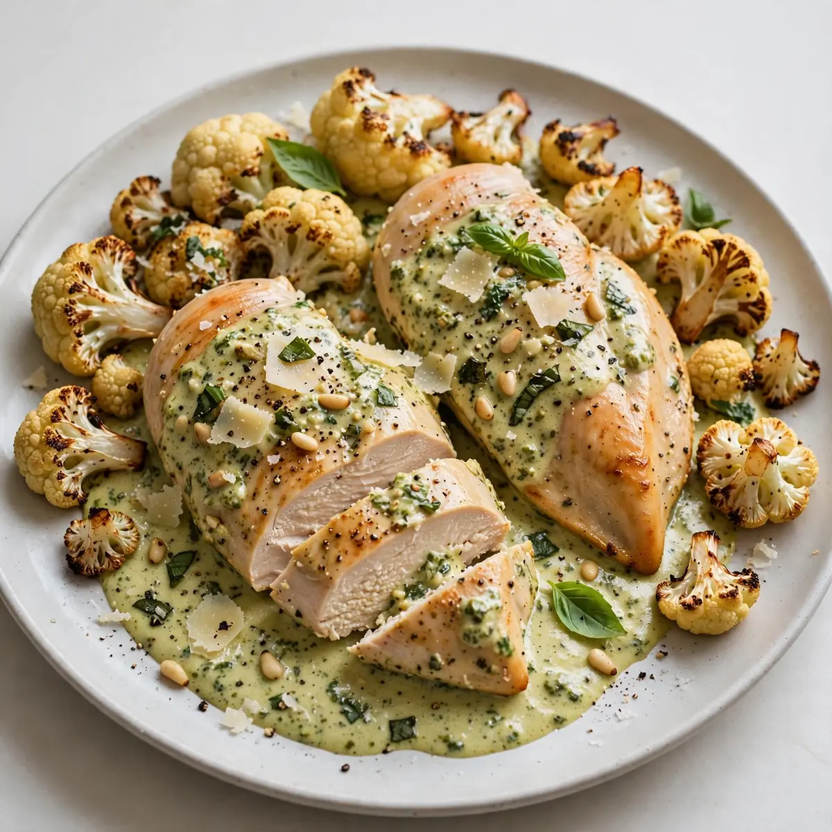 Budget-Friendly Creamy Pesto Chicken with Roasted Cauliflower