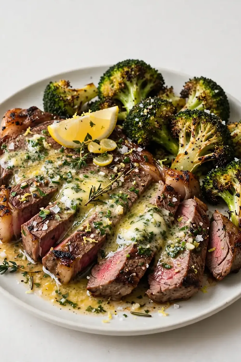 Lemon Herb Butter Ribeye Steak with Roasted Broccoli