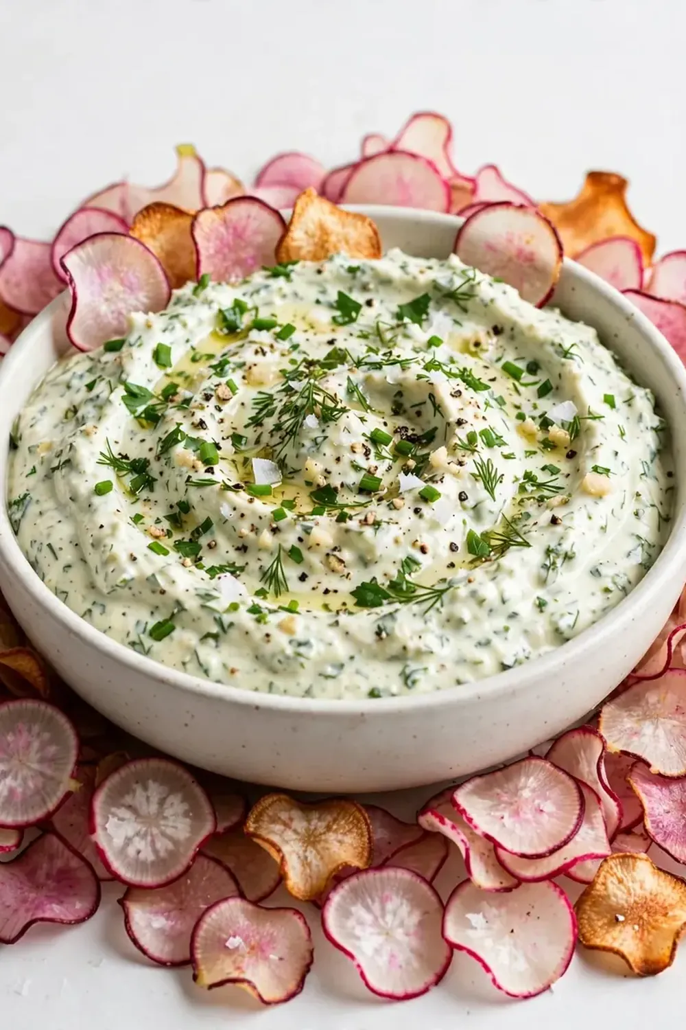 Creamy Garlic Herb Dip with Radish Chips