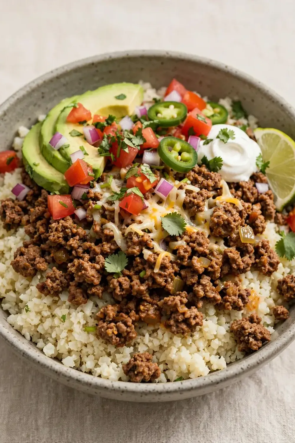 Ground Beef and Cauliflower Rice Taco Bowls