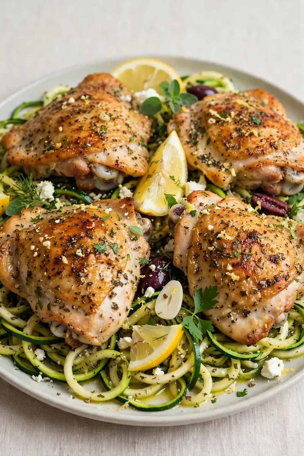Greek Lemon Chicken Thighs with Zucchini Noodles