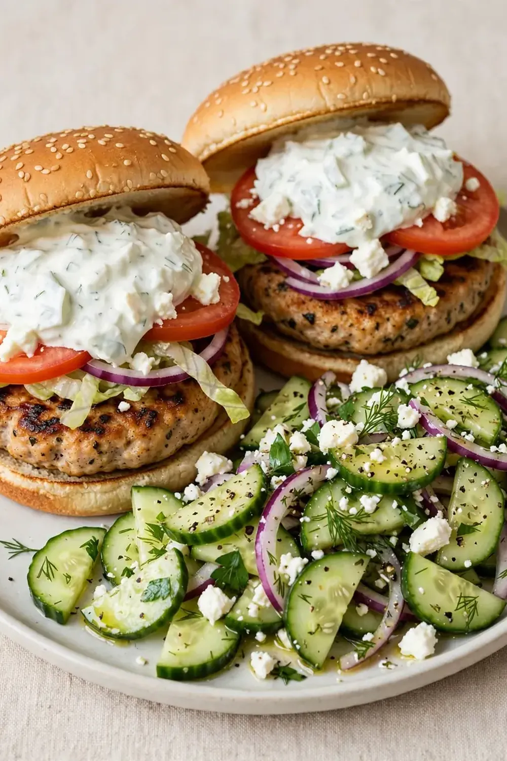 Greek Turkey Burgers with Cucumber Salad